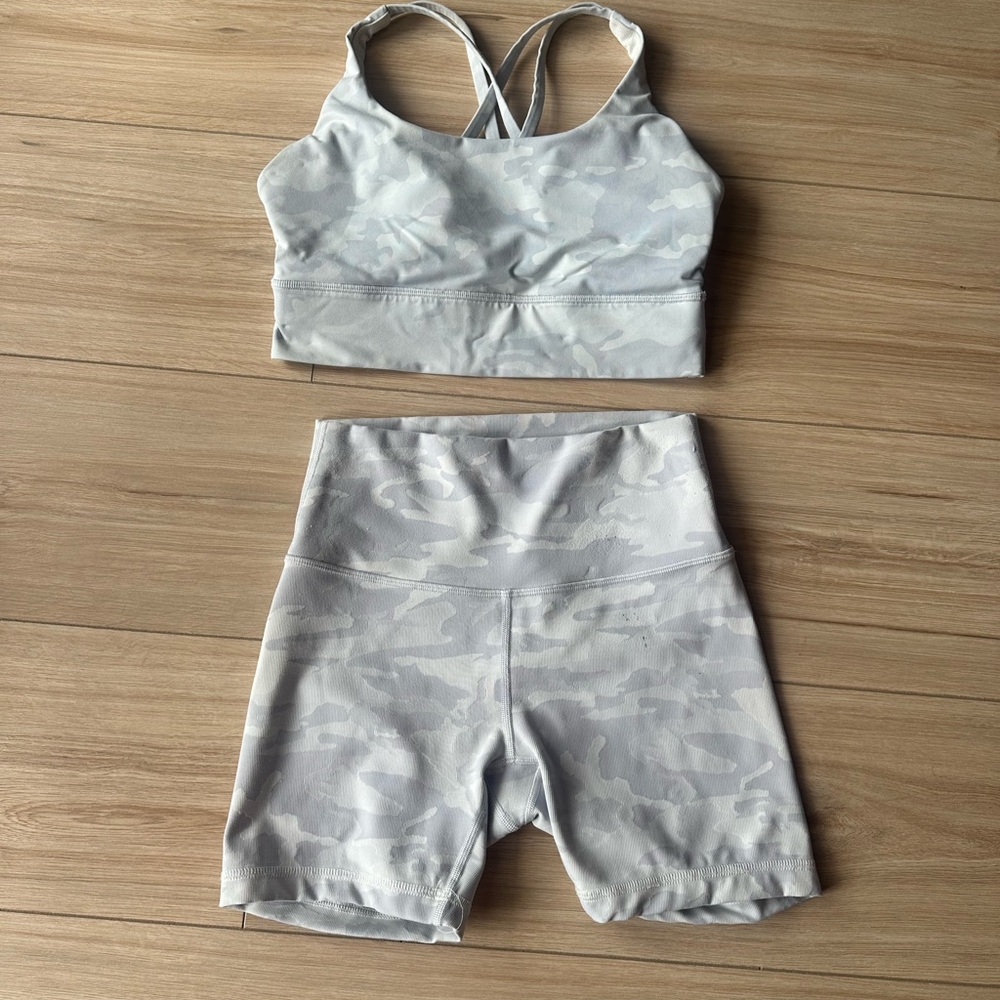 lululemon athletica Light Gray Camo Sports Bra & High-Waist Bike Shorts